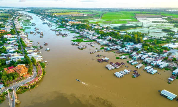 Village Flottant Long Rivière Hau Sur Frontière Vietnamienne Vue Aérienne — Photo