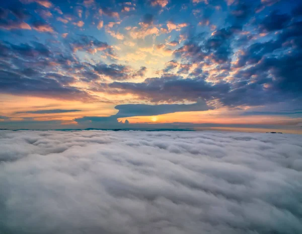 Aerial View Colorful Sunrise White Dense Fog Distant Dark Silhouettes — Stock Photo, Image