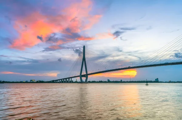 Sunset Can Tho Bridge Can Tho City Wietnam Most Linowy — Zdjęcie stockowe