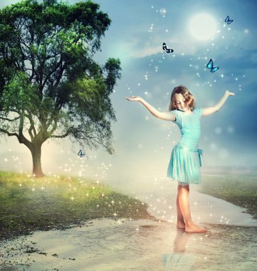 Girl with Blue Butterflies at a Magical Brook clipart
