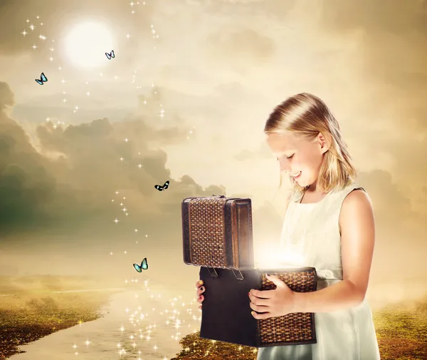 Blonde Girl Opening a Treasure Box — Stock Photo, Image