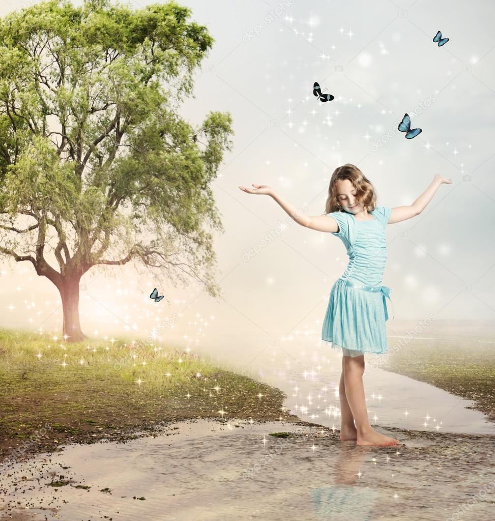 Girl with Blue Butterflies at a Magical Brook