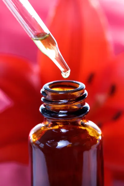 Botella de gotero de hierbas medicinales con flores — Foto de Stock