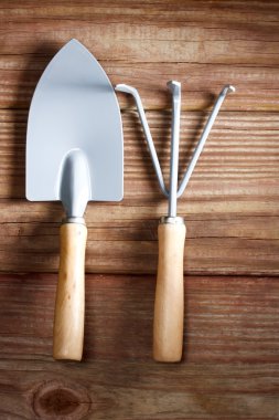 rustik ahşap bir masa üzerinde Bahçe aletleri
