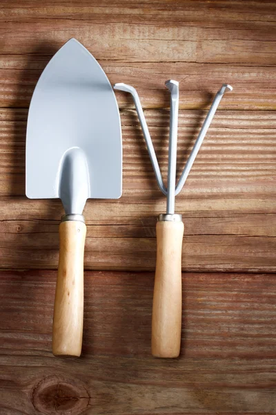 Trädgårdsskötsel verktyg på ett rustikt träbord — Stockfoto