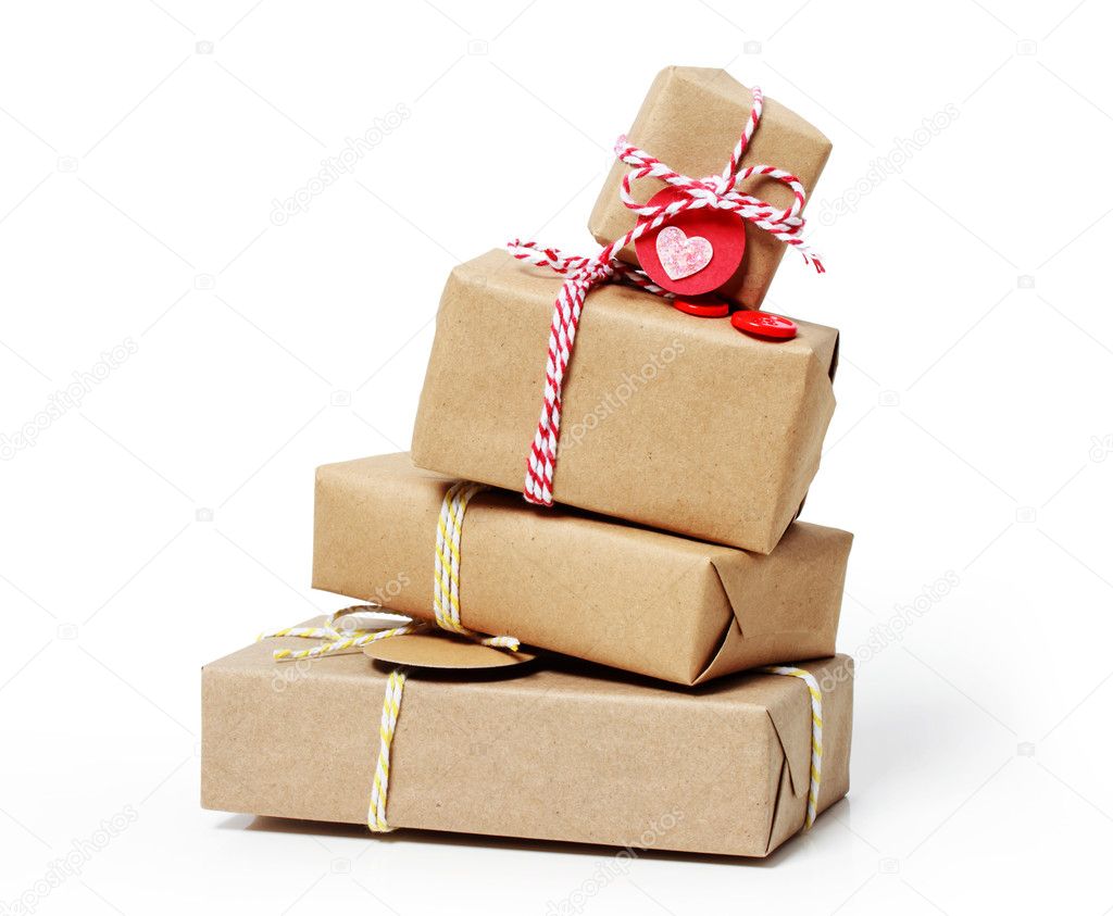 Stack of gift boxes on white background
