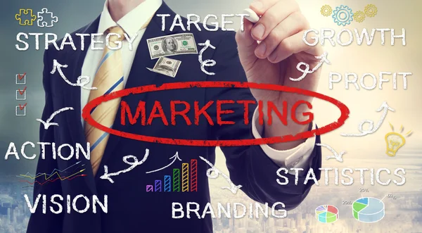 Affärsman ritning marketing koncept diagram — Stockfoto