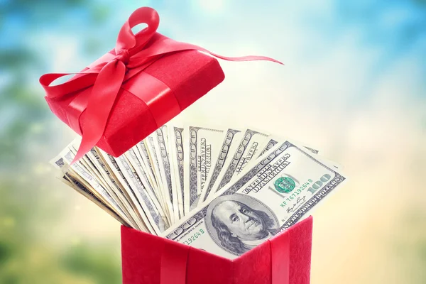 Hundred dollar bills in present box — Stock Photo, Image