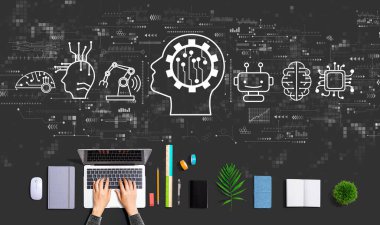 Bir dizüstü bilgisayar kullanan kişi ile gelecekteki teknoloji kavramı