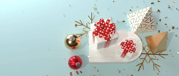 Scatole regalo di Natale con fiocchi di neve e palline - rendering 3D — Foto Stock
