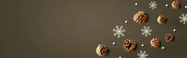 Cônes de pin de Noël avec flocons de neige — Photo