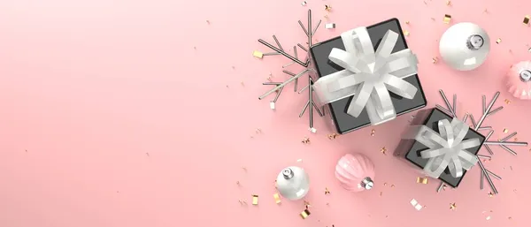 Scatole regalo di Natale con fiocchi di neve e palline - rendering 3D — Foto Stock