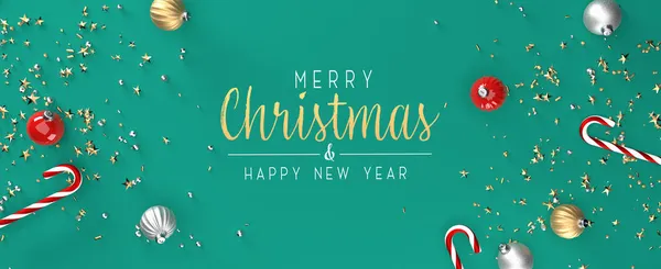 Zuckerstangen und Christbaumkugeln zu Weihnachten - 3D Render — Stockfoto
