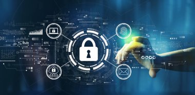 Teknoloji ekranına elle basılı internet ağ güvenliği kavramı