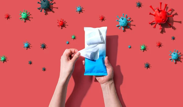コロナウイルスの概念でサニタイザーワイプ — ストック写真
