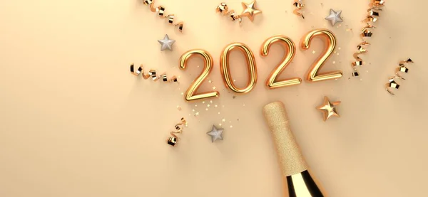 Ano Novo 2022 tema de celebração com uma garrafa de champanhe com confete - 3D — Fotografia de Stock