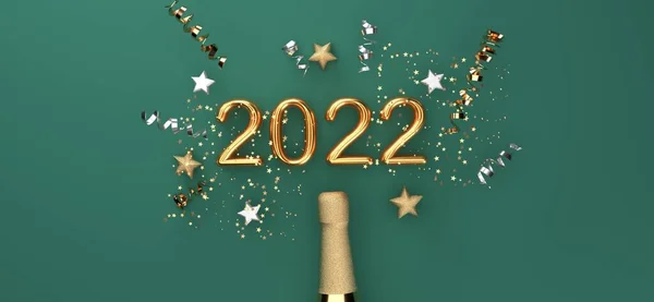 Tema celebración Año Nuevo 2022 con una botella de champán con confeti - 3D —  Fotos de Stock