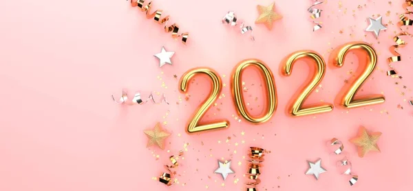 2022 New Year celebration theme with confetti and stars - 3D — Fotografia de Stock