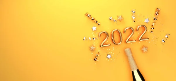 New Year 2022 celebration theme with a champagne bottle with confetti - 3D — Fotografia de Stock