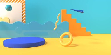 Geometrik şekillerin 3D görüntüsü ve bir podyum