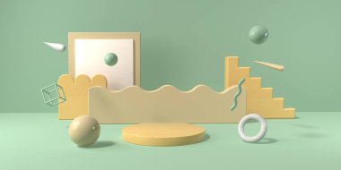 Geometrik şekillerin 3D görüntüsü ve bir podyum