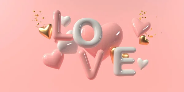 Sevgililer Günü temalı kalpler ve aşk metni - 3D — Stok fotoğraf
