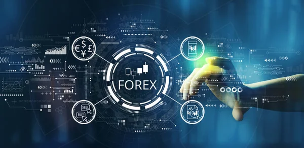 Concetto di trading Forex con mano premendo uno schermo di tecnologia — Foto Stock