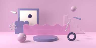 Geometrik şekillerin 3D görüntüsü ve bir podyum