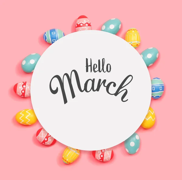 Messaggio di Ciao Marzo con Easter eggs — Foto Stock