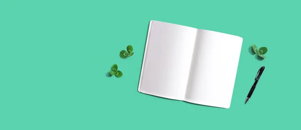 Leeres Notizbuch mit Shamrock-Blättern — Stockfoto