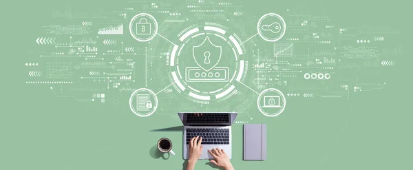 Cybersecurity thema met persoon die werkt met laptop — Stockfoto