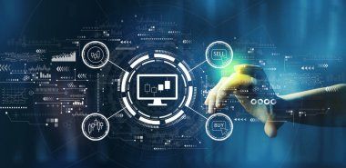 Bir teknoloji ekranına elle basarak hisse senedi teması