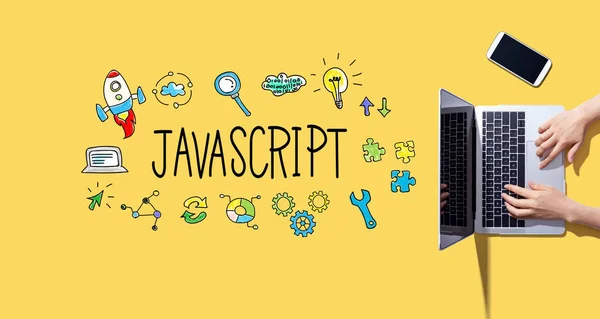Java Script tema med person som arbetar med bärbar dator — Stockfoto