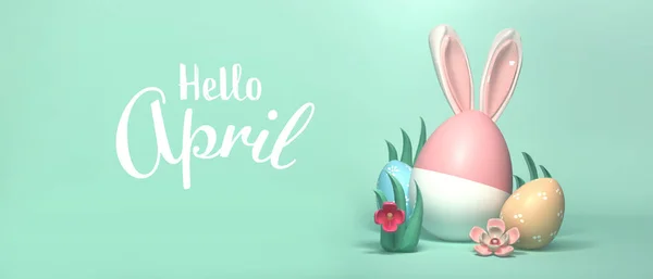 Hola mensaje de abril con huevos de Pascua y orejas de conejo — Foto de Stock