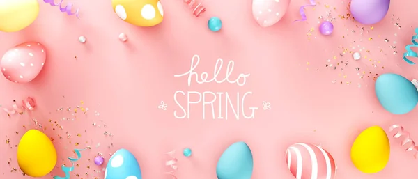 Paskalya yumurtaları ve bahar pastel renkleriyle Merhaba bahar mesajı — Stok fotoğraf