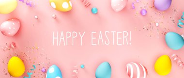 Paskalya yumurtaları ve bahar pastel renkleriyle Mutlu Paskalya mesajları