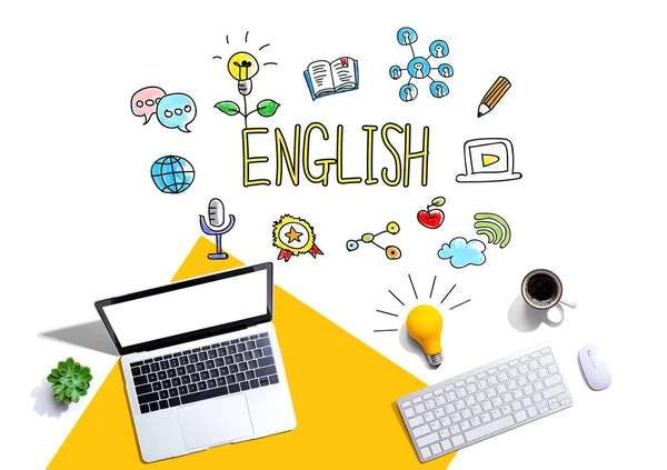 Aprendiendo inglés con ordenadores y bombilla — Foto de Stock