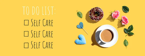 Self Care - To Do List with a cup of coffee and a donut — Stock Photo, Image