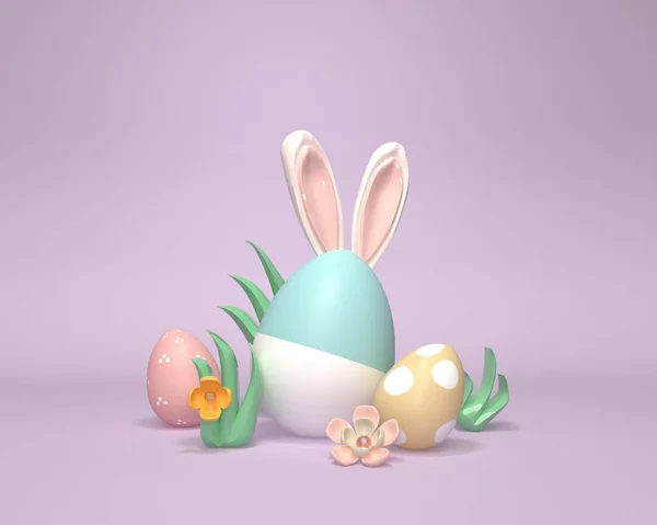 Mão colorida decorada ovos de Páscoa com orelhas de coelho — Fotografia de Stock