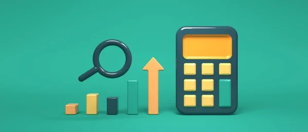 Calculation theme with calculator, bar graph and magnifying glass — Stock Photo, Image