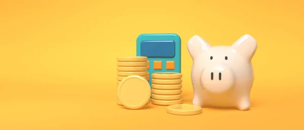 Piggy bank, hesap makinesi ve madeni paralarla finansal hesaplama teması — Stok fotoğraf