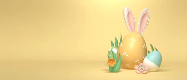 Coloridos huevos de Pascua decorados a mano con orejas de conejo — Foto de Stock