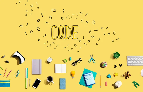 Code avec gadgets électroniques et fournitures de bureau — Photo