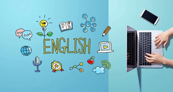Aprender Inglês conceito com a pessoa que trabalha com laptop — Fotografia de Stock