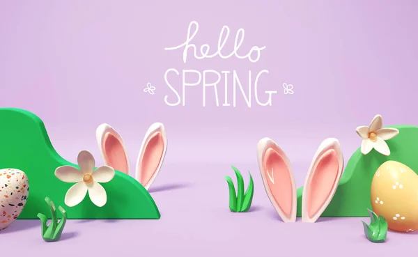 Olá mensagem de primavera com orelhas de coelho — Fotografia de Stock