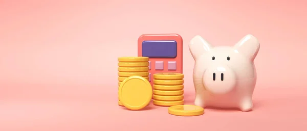 Piggy bank, hesap makinesi ve madeni paralarla finansal hesaplama teması — Stok fotoğraf