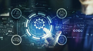 Geceleyin genç bir adamla gelecek teknoloji konsepti