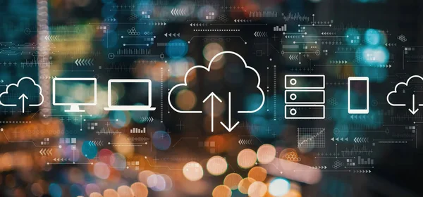 Cloud computing con luci sfocate della città — Foto Stock