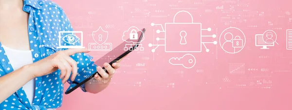 Data Security concept with woman using a tablet — Stock Photo, Image