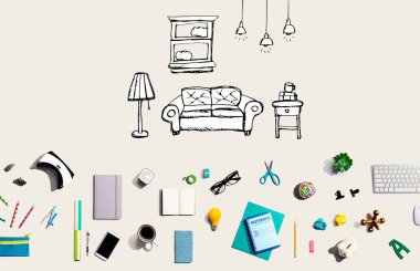 Elektronik aletler ve ofis malzemeleriyle yeni bir daire hayali.